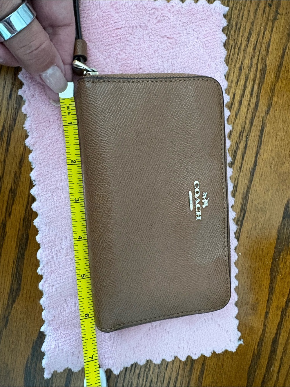 Coach Tan Pebbled Leather Zip Wallet with Gold Logo